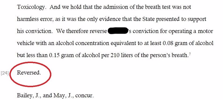 Indiana Court of Appeals Reverses DUI / OVWI Conviction