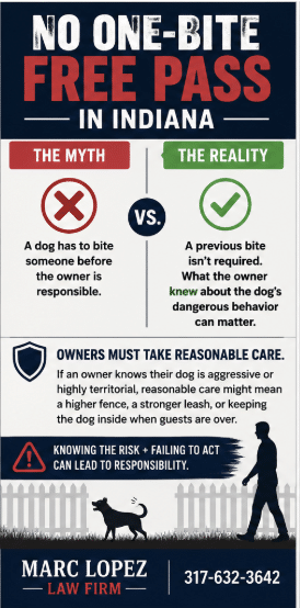 Screenshot 2026-09-08 at 123707 PM | Infographic poster about dog bite liability in Indiana showing myth vs reality and the need for reasonable care, with law firm contact at the bottom.