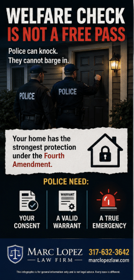 Poster-style infographic warning that welfare checks are not a free pass, showing two police officers at a door with a home protection message.” (informative)