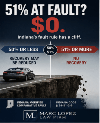 Infographic explaining Indiana's comparative fault: if you're 50% or less at fault you may recover; 51% or more means no recovery, shown with a car near a cliff and a cliff metaphor for liability.